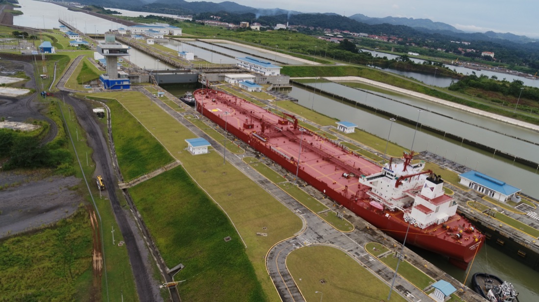 Cargo ship transiting the Panama Canal locks